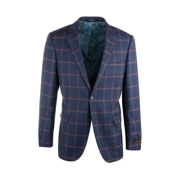 Sangria Navy Blue with Red Windowpane Pure Wool Jacket by Tiglio Luxe. Opens flyout.