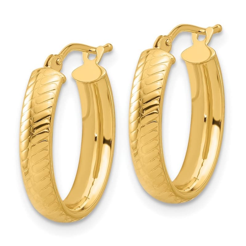 Curata 14k Yellow Gold Polished and Textured Oval Hoop Earrings - 19.01x14.37mm