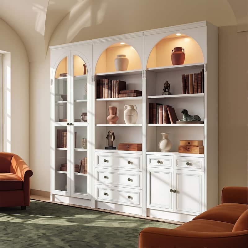 Modular White Bookcase with LED Lights & Glass Doors, 86.6" Tall Arched Display Cabinet Solid WoodStorage Cabinet