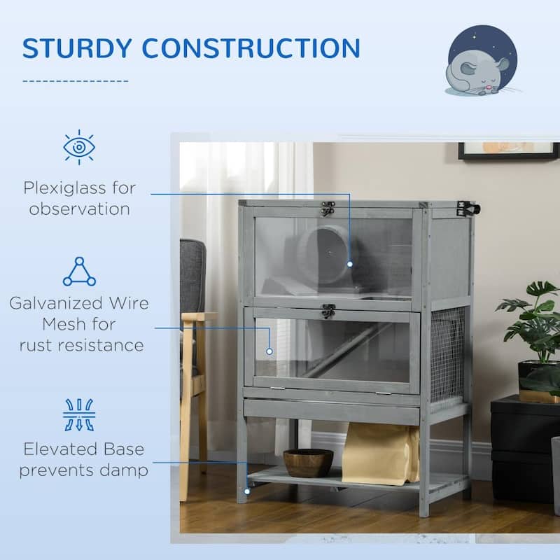 Grey Hamster Cage with Plexiglass Window and Running Wheel Ladder Ramp and Toys - 23.5" L x 15.75" W x 35.5" H