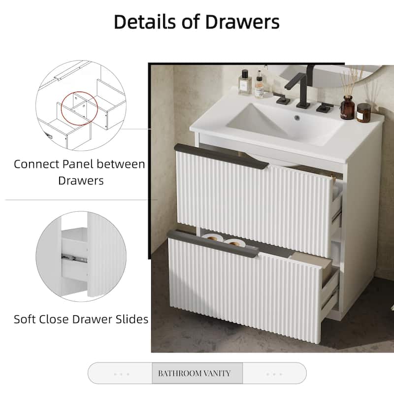 30" Bathroom Vanity with Ceramic Sink, Full-Extension Drawers, Soft Close Slides, and Fluted Design