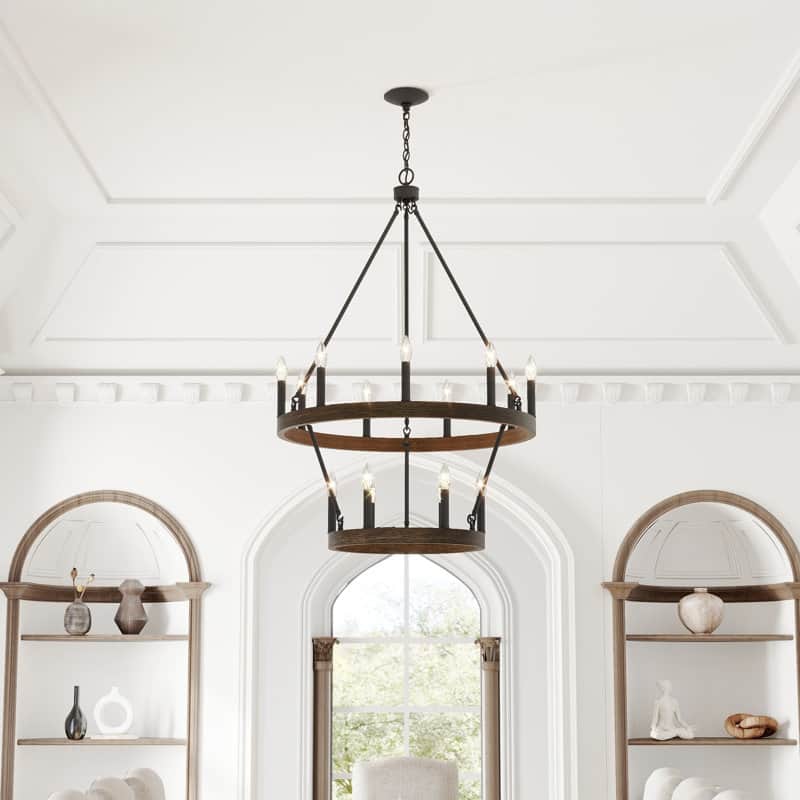 Acroma 15-light Farmhouse Black Tiered Chandelier for Dining Room - 27.5 inches - Weathered Walnut