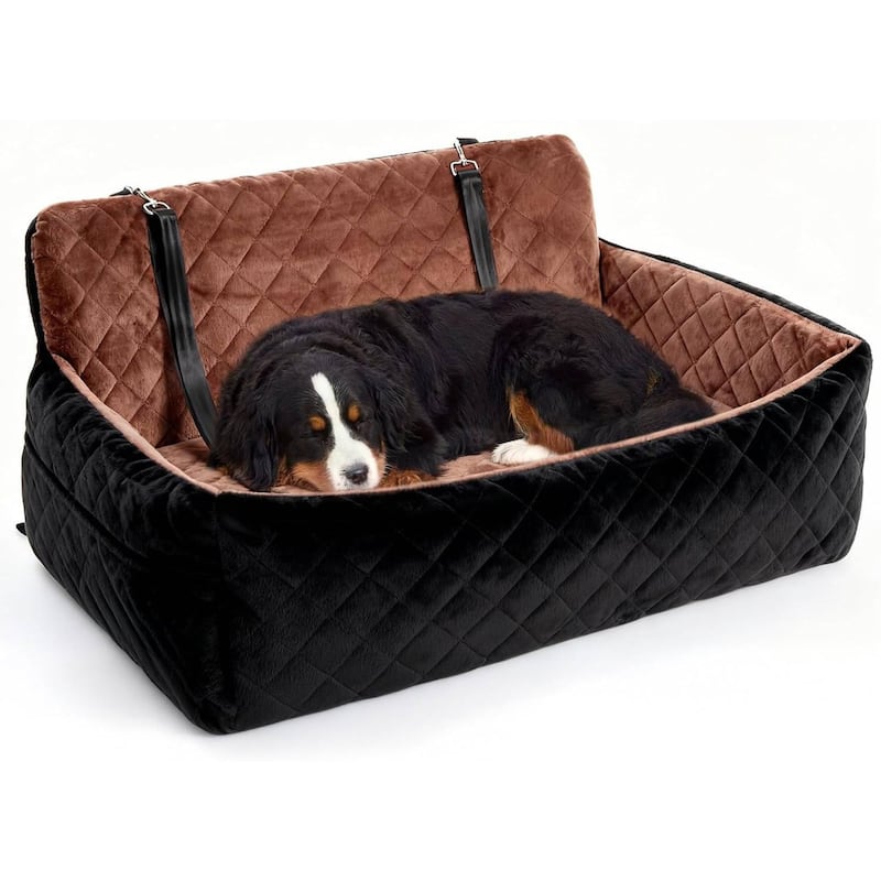Portable Dog Car Seat Traval Bed for Small, Medium Dog with Thick Cushion, Triple Belts - Brown