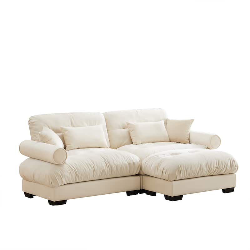 93.7" Velvet Sofa Set with Ottoman for Living Room, 2 Seat Upholstered Couch with Round Arms and Pillows for Bedroom, Office