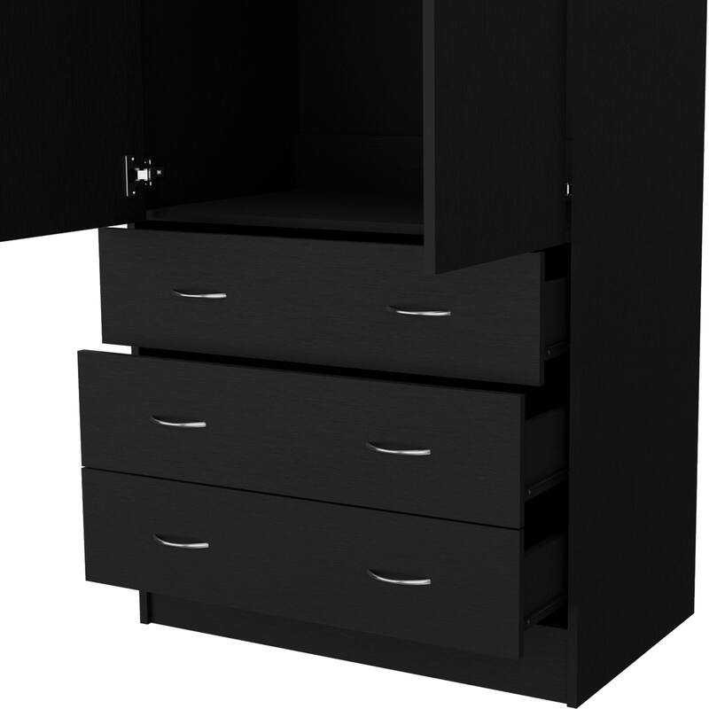 19" Modern Double-door Armoire with 3 Drawers and 1 Hanging Rod for Bedroom
