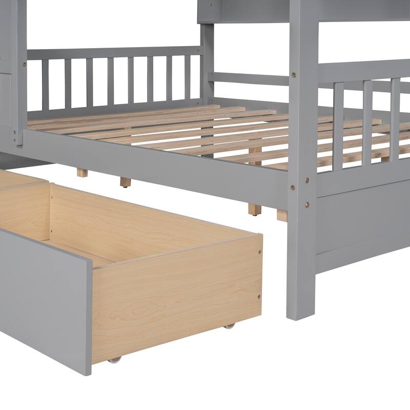 Full Size Kids House Bed with Storage Drawers and Shelf, Gray