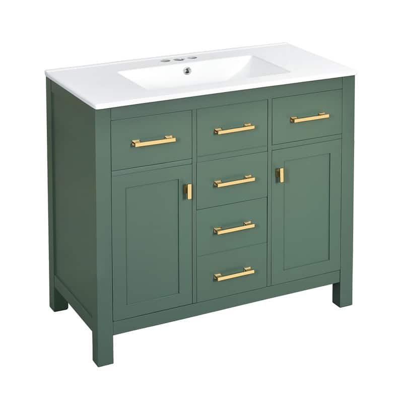 36" Modern Freestanding Bathroom Vanity Set - Ceramic Sink Combo with 4 Drawers & 2 Cabinets, Solid Wood Frame Storage Cabinet‌.