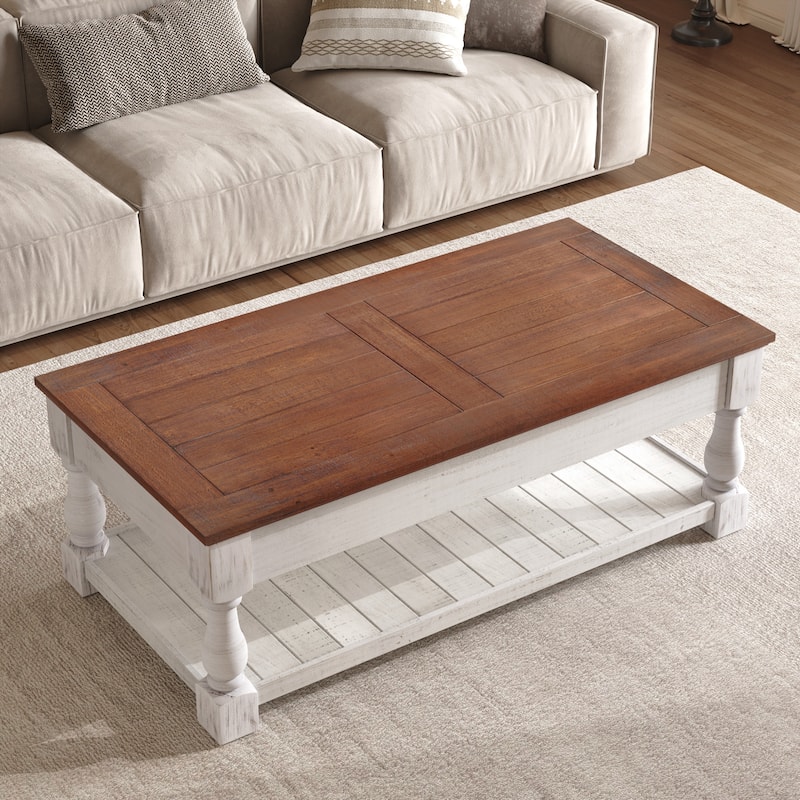 Farmhouse Lift Top Coffee Table with Fixed Shelf - 3 Hidden Storage Trays