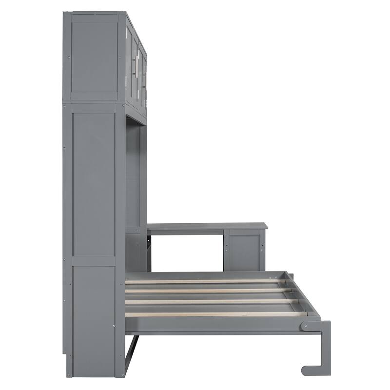 Queen Size Murphy Bed with Storage Shelves and 2 Storage Cabinets, Wooden Foldable Wall Bed Frame with Desk & Hydraulic Lift