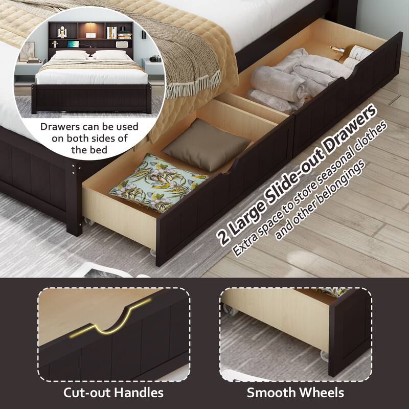 Wood Platform Bed with Bookcase Headboard, Built-in Downlight, Charging Station & 2 Side Drawers