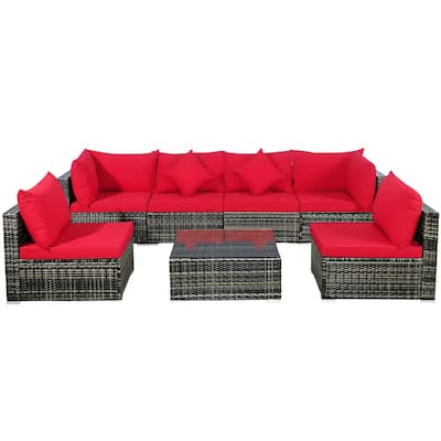 7 PCS Patio Furniture Set Sectional Rattan Sofa Set with Coffee Table