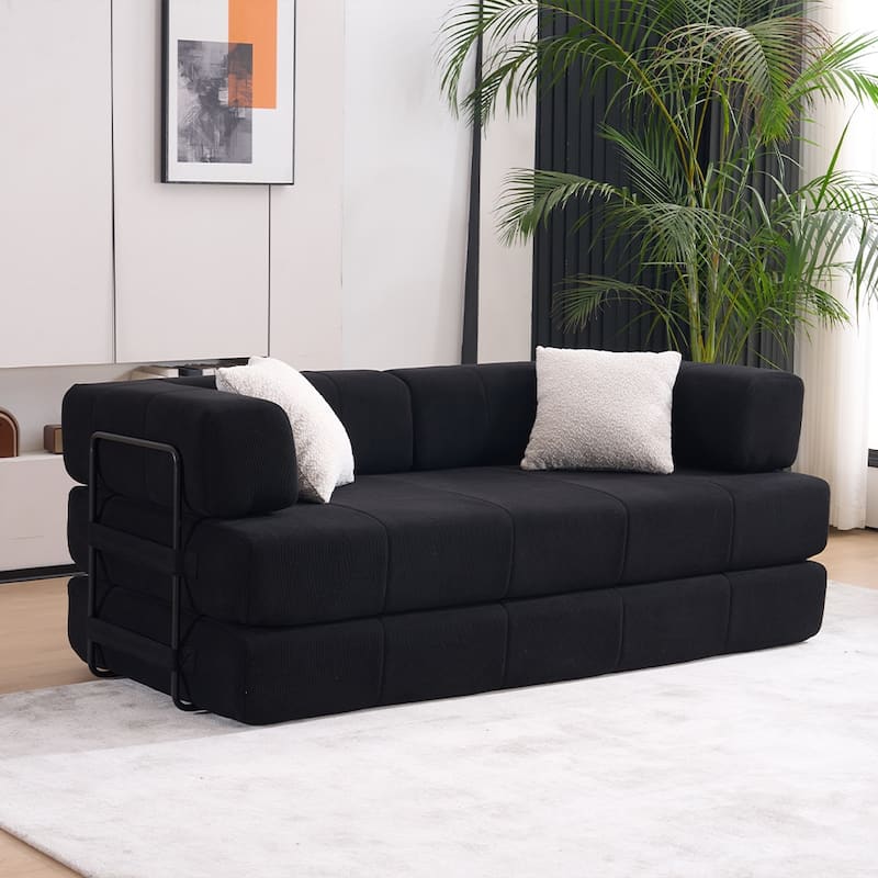 78.5" Folding Sofa Bed with 2 Pillows, Convertible Foam Futon Couch, Corduroy Fold-Out Couch for Living Room, Office