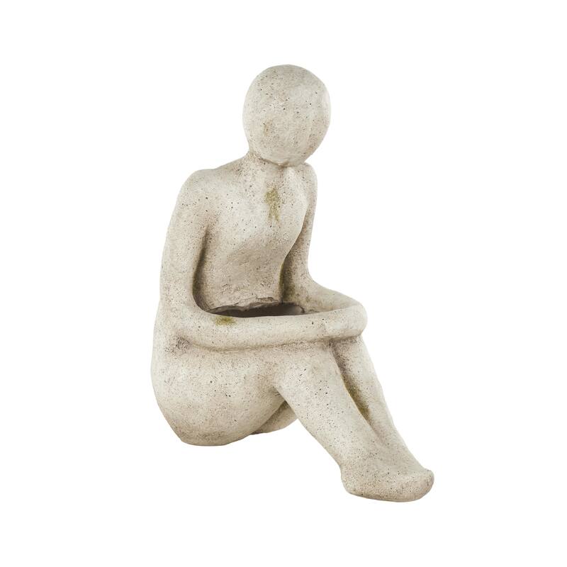Cream Polystone Sitting People Indoor Outdoor Planter - 8"W x 16"L x 17"H