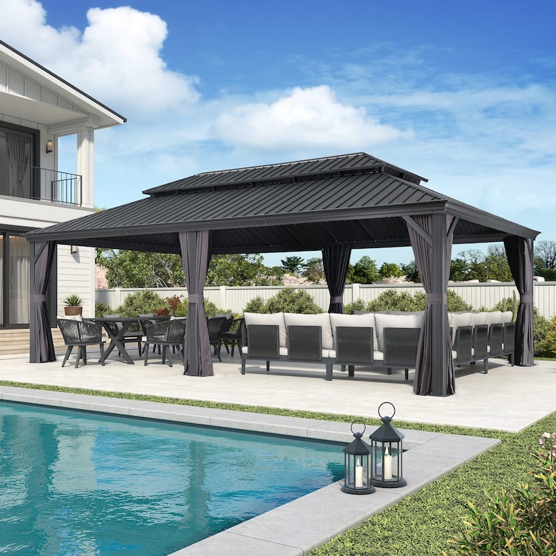 PURPLE LEAF Outdoor Galvanized Steel Hardtop Gazebo, Aluminum Frame Gazebo With Curtains