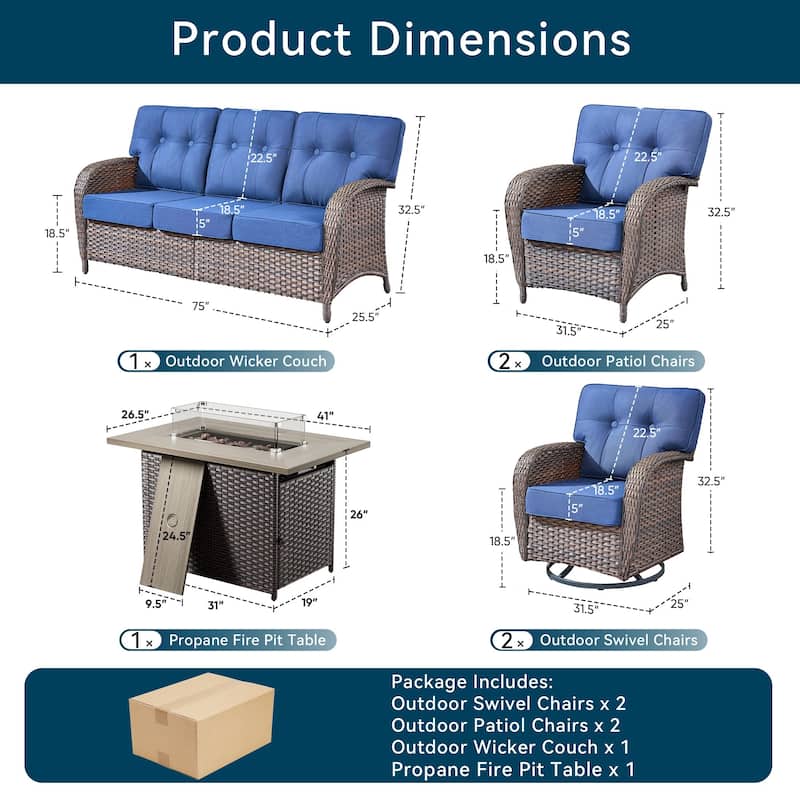 6-Piece Outdoor Sofa Chair with 41" Fire Table