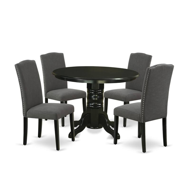 East West Furniture Dining Room Set- a Round Dining Table and Dark Gotham Linen Fabric Chairs, Black (Pieces Option)