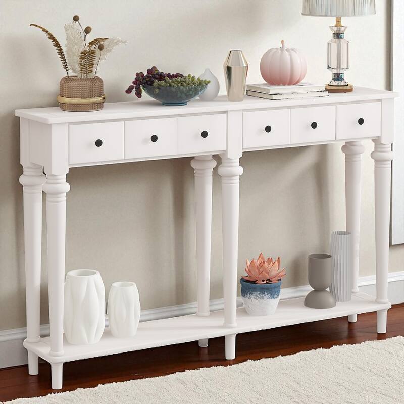 59.8" Rustic Entryway Console Table with 4 Drawers and Open Shelf, Retro Pine Veneer Hallway Accent Table - White