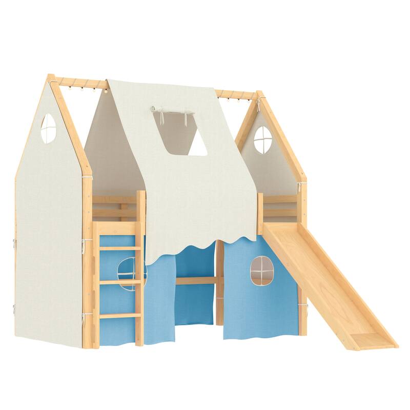 Fairytale Loft Bed Wooden House Bed with Tents, Light Strip and Slide