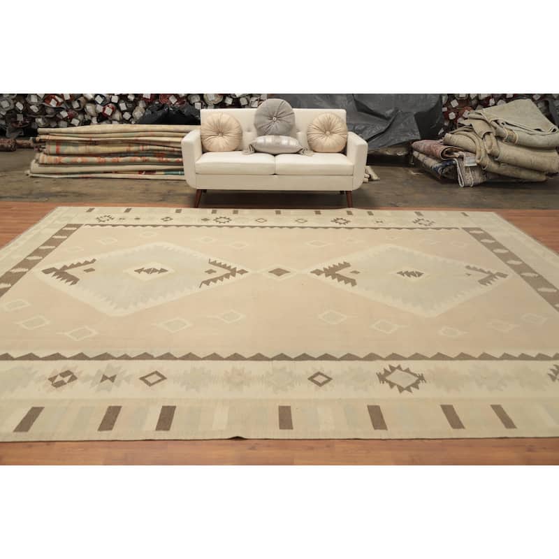 Hand Woven Oriental 100% Wool Carpet Southwestern Tribal Beige & Ivories Kilim Area Rug - 13' 1'' X 10' 0''