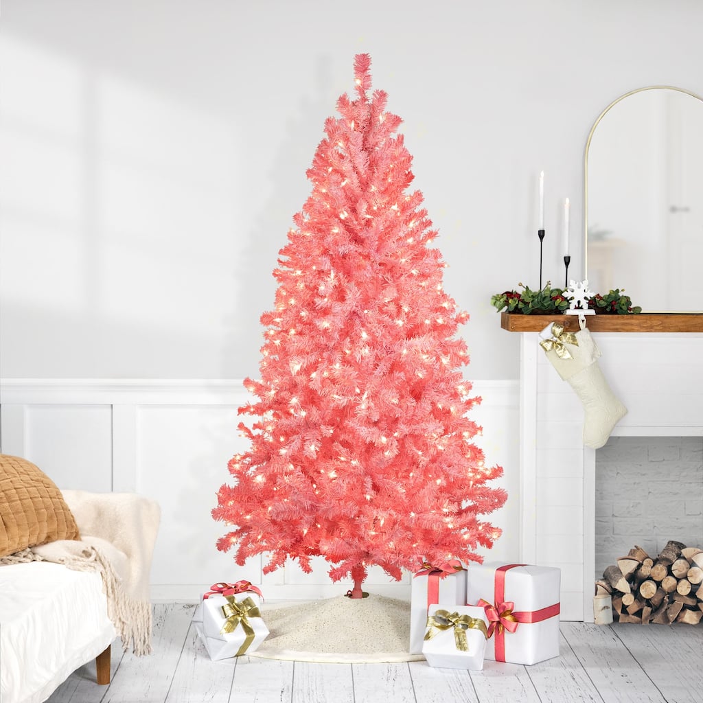 Pre-Lit Medium Pink Pine Artificial Christmas Tree - 6.5’ - Clear Lights