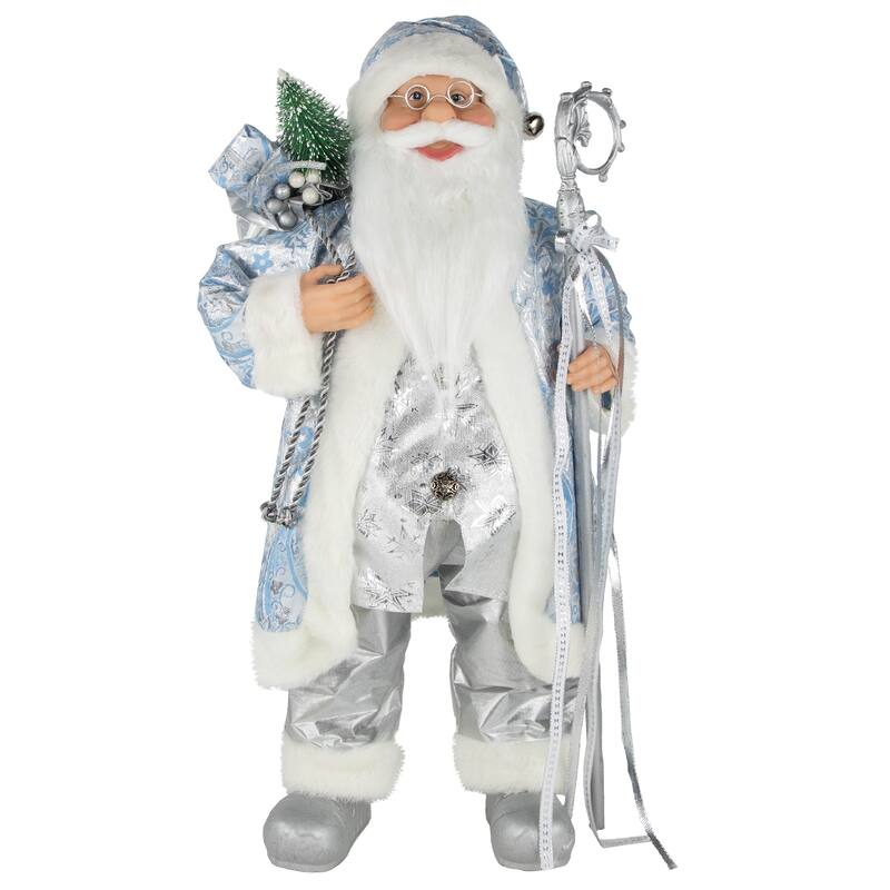 24" Blue Silver Ice Palace Santa Claus with Staff Bag Christmas Figure