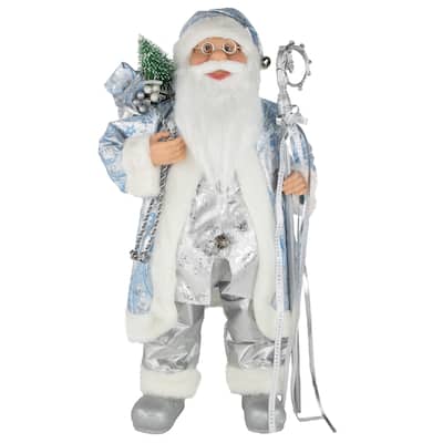 24" Blue Silver Ice Palace Santa Claus with Staff Bag Christmas Figure