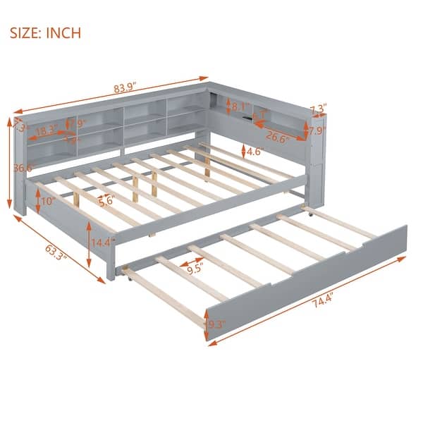 dimension image slide 3 of 8, L-shape Daybed Wooden Sofa Bed Corner Bed with Bookcase Guardrail Built-in USB Charging Ports, Space-saving Bed