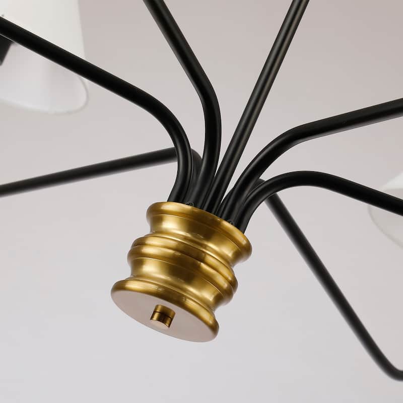 6-Light White Fabric Shade Chandelier- Black with Brushed Brass Accent