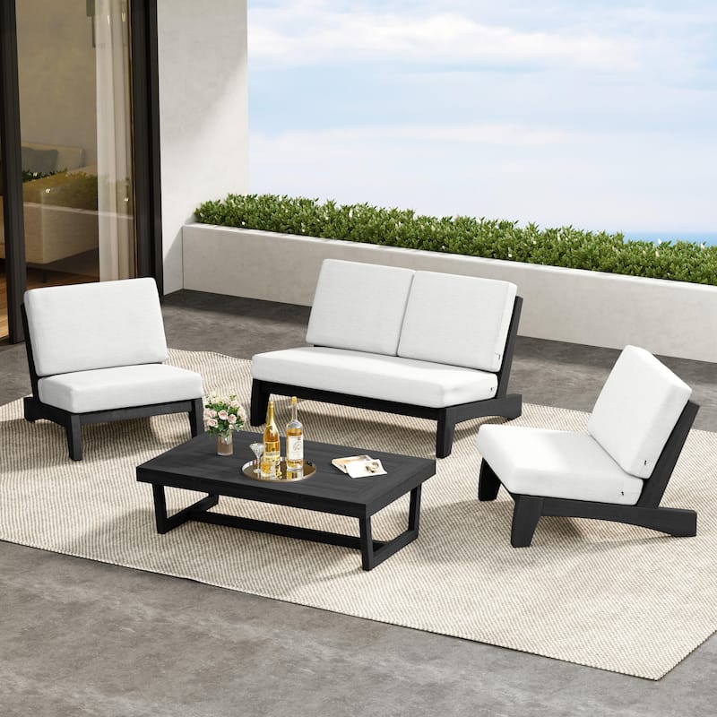 4 Pieces Wood Sectional Sofa Patio Conversation Set With Cushion