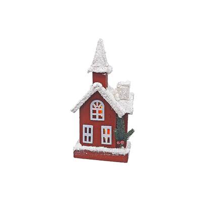 Led Snow Covered Red Wooden Church (14")