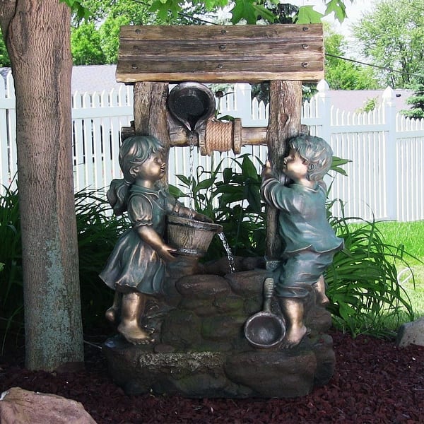 slide 2 of 9, Children at the Well Outdoor Water Fountain Water Feature w/ LED - 39"