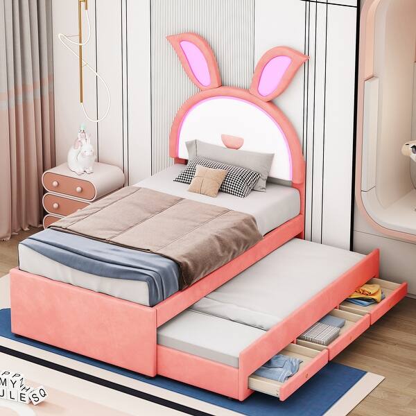 slide 2 of 15, Kids Twin Upholstered Bed with Trundle & 3 Drawers, Wooden Platform Frame with Embedded LED Lights, Rabbit-Shaped Headboard Pink