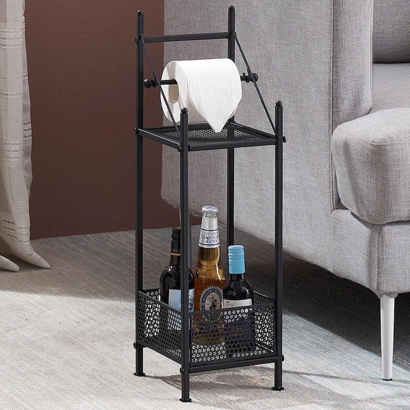 Modern 2-Tier Bathroom Paper/ Towel Rack, Free Standing Toilet Paper Utility Storage Shelf Rack, Black
