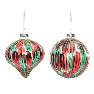 Transpac Glass Regal Red/Green Striped Ornament Set of 2 Christmas Home Decorations - Multicolor