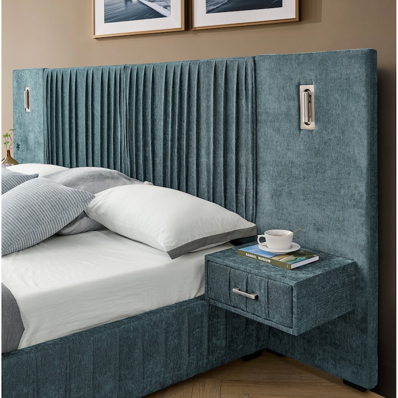 Queen Upholstered Platform Bed with Pleated Chenille Headboard, Built-in Bedside Table & Adjustable Lamps, No Box Spring