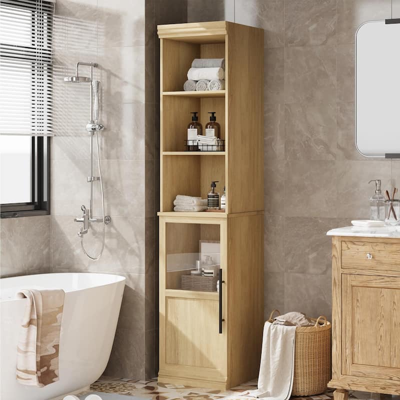 70" Bathroom Storage Cabinet, Slim Freestanding Bathroom Cabinet with Door and Open Shelves Boards - Yellow