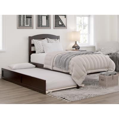 Twin Platform Bed with Trundle & Charging Station - Solid Wood Espresso Finish - Modern Minimalist Design