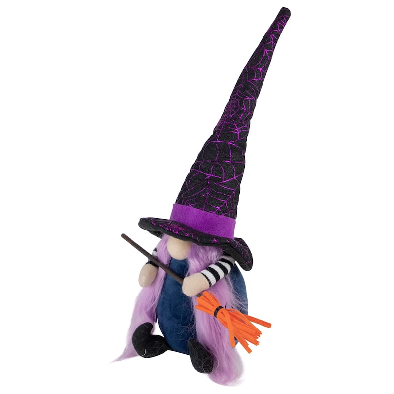 Gnome Witch with Broom and Pointy Hat Halloween Figure - 14" - Black and Purple