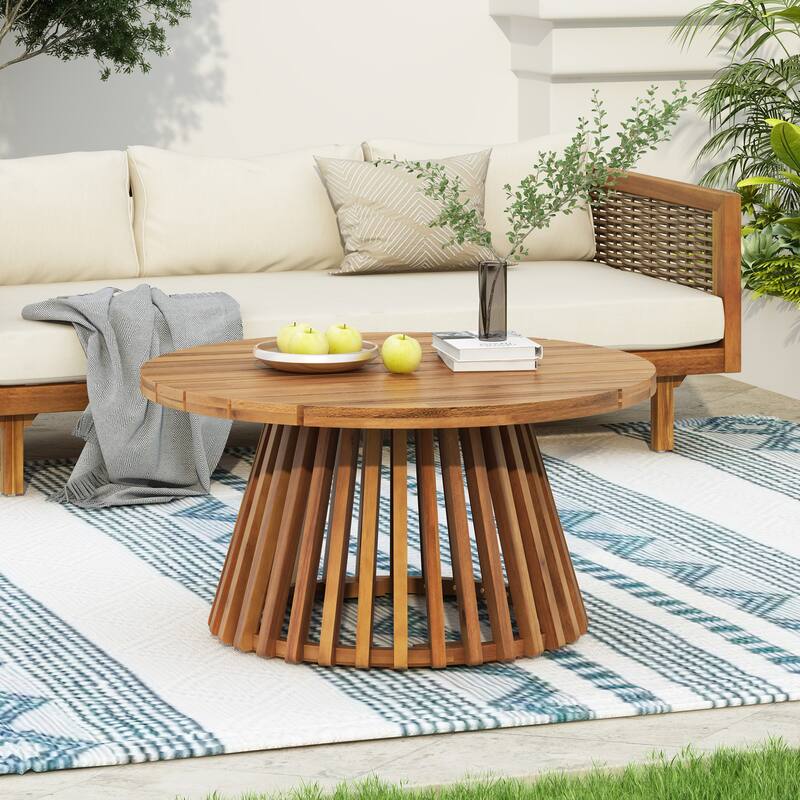 Roomfitters Acacia Wood Patio Set, 3-Seater Daybed with Water-Resistant Cushions & Round Coffee Table