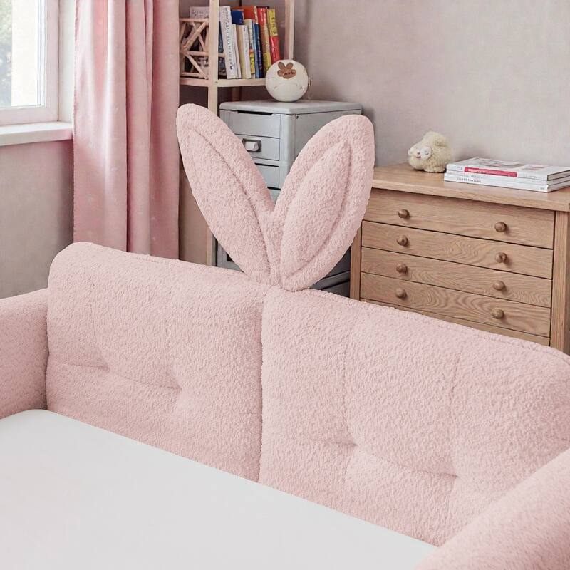 Twin Size Upholstered Platform Bed with Rabbit Ear Headboard, Kids Boucle Fabric Bed Frame with Safety Rail and Pocket