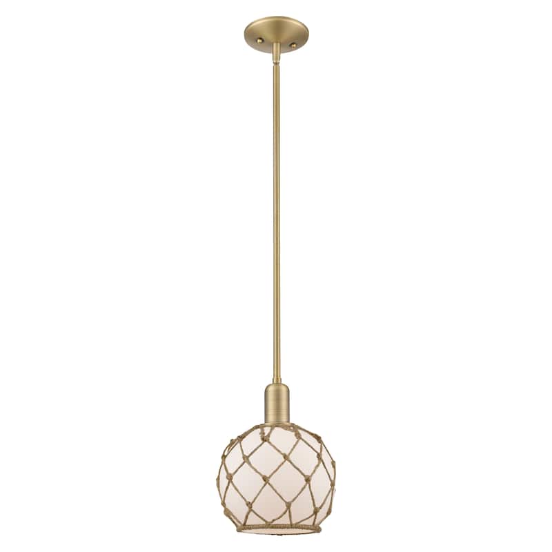 Innovations Lighting Endless Possibilities Arcadia - Farmhouse Rope - 1 Light 8" Stem Hung Mini Pendant - White Glass with Brown Rope/Brushed Brass
