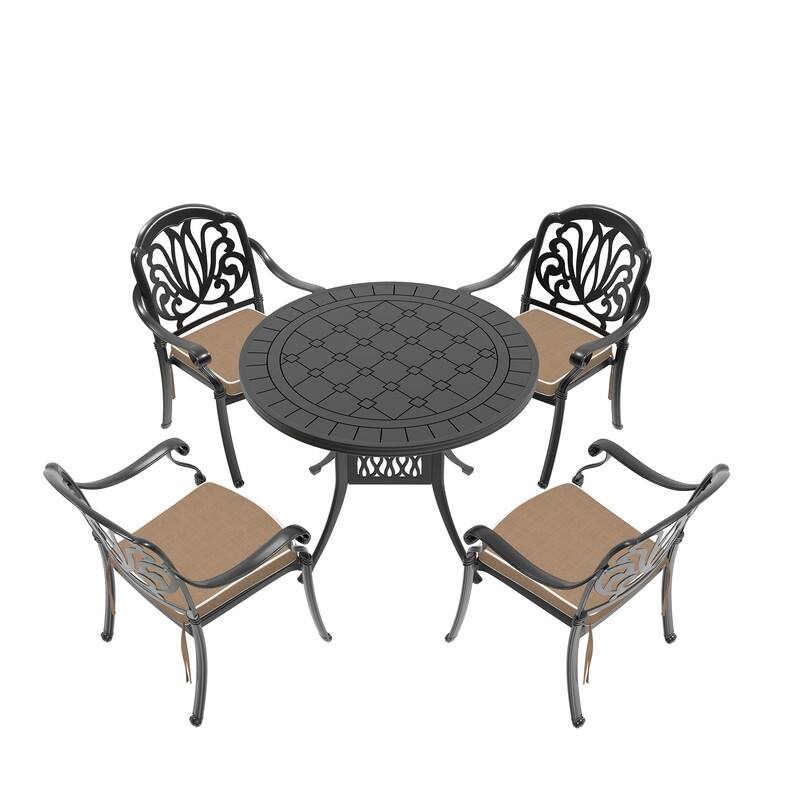 3/5 Piece Cast Aluminum Outdoor Dining Set with 39.37 in. Round Table and Seat Cushions