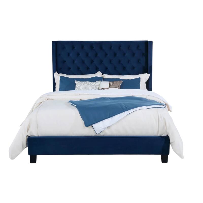 Velvet-like Fabric Upholstered Queen Bed with Wingback Headboard