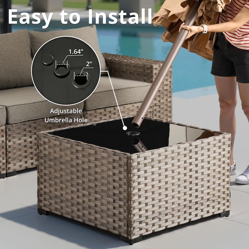 HOOOWOOO Wicker Rattan Patio Square Coffee Table with Umbrella Hole