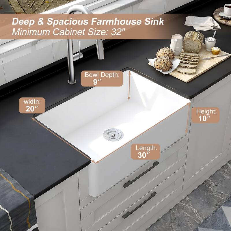 HOROW White Fireclay 30 in. x 20 in. Single Bowl Farmhouse Apron Front Kitchen Sink with Bottom Grid and Strainer - 30x20 Inch