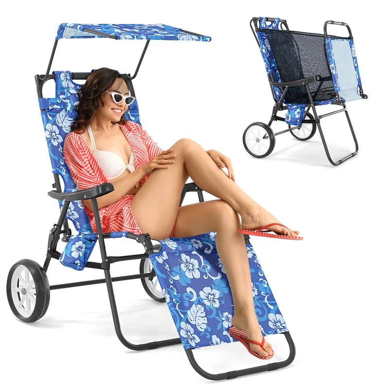 Beach Lounge Chair with Wheels and Canopy, Perfect for Pool or Picnic - Vintage Floral