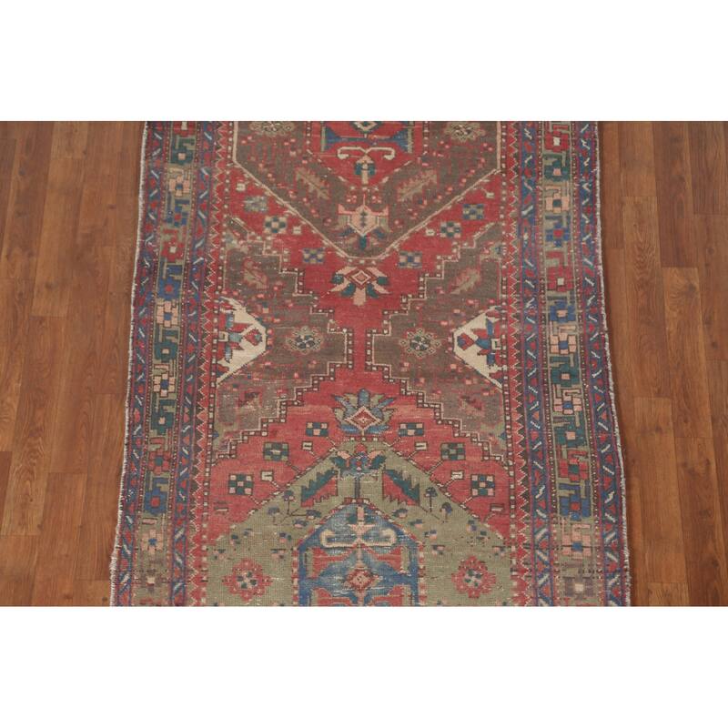 Geometric Tabriz Persian Vintage Runner Rug Handmade Wool Carpet - 3'7"x 11'3"