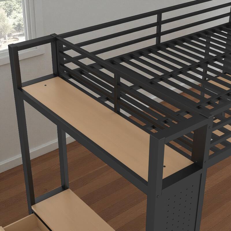 Full/Queen Size Metal Loft Bed with Wardrobe, Shelves & Pegboard, Space-Saving Bed Frame with Storage & Guardrails