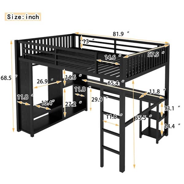 Full XL Size Metal Loft Bed with Built-in Wardrobe, Desk and Storage Shelves