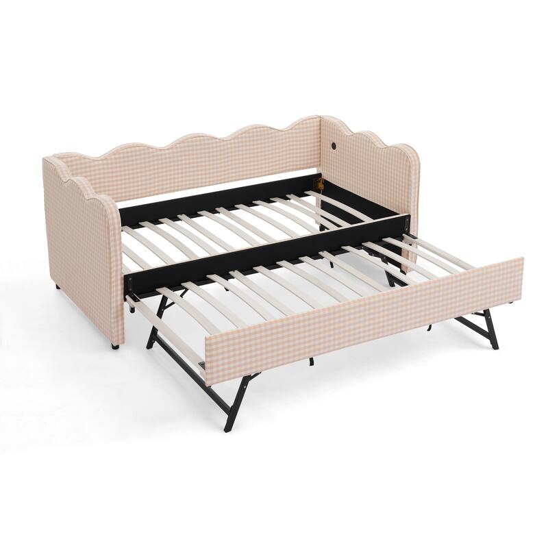 Twin Size Gingham Daybed Upholstered Sofa Bed with Trundle, Wave Shaped Armrest & Backrest, USB Port, No Box Spring Needed